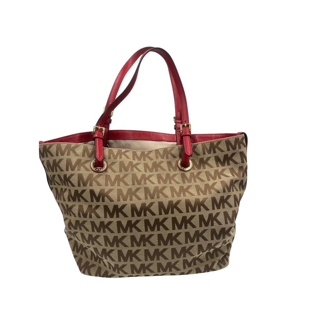 Michael Kors Monogram Jacquard Tote Bag Beige Red Leather Gold Hardware BFSQ1K